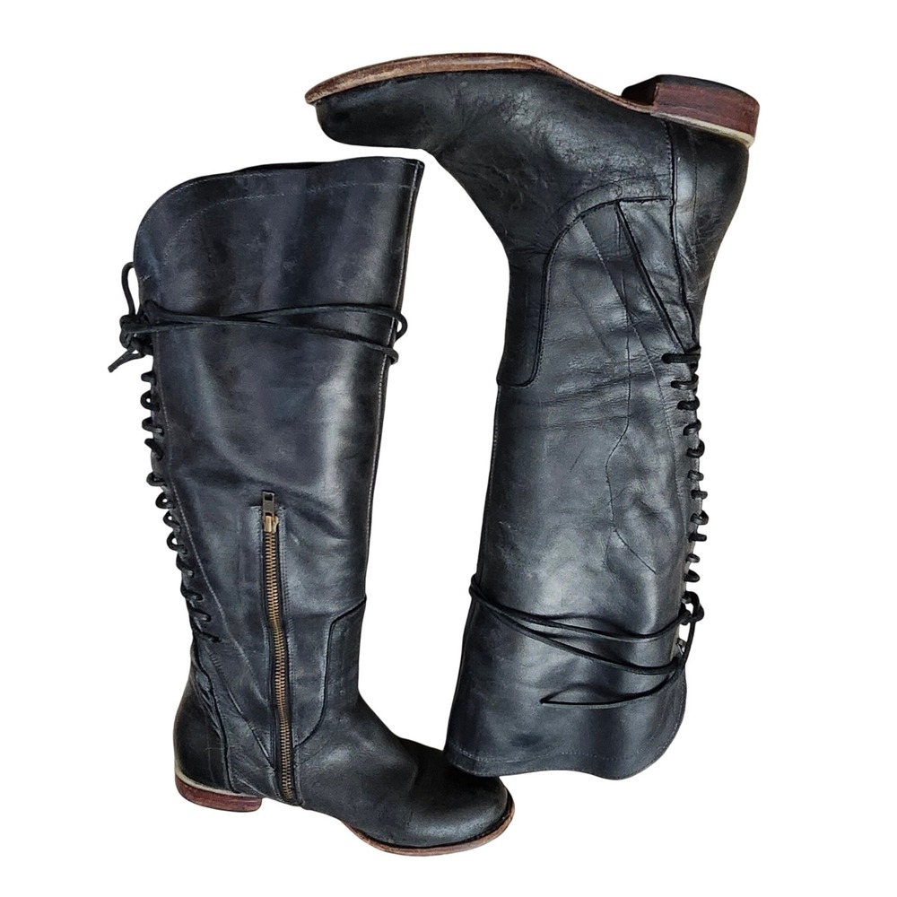 Freebird by Steven FB-STAG Black Leather Lace Up Back Tall Boots 9 Grunge Biker